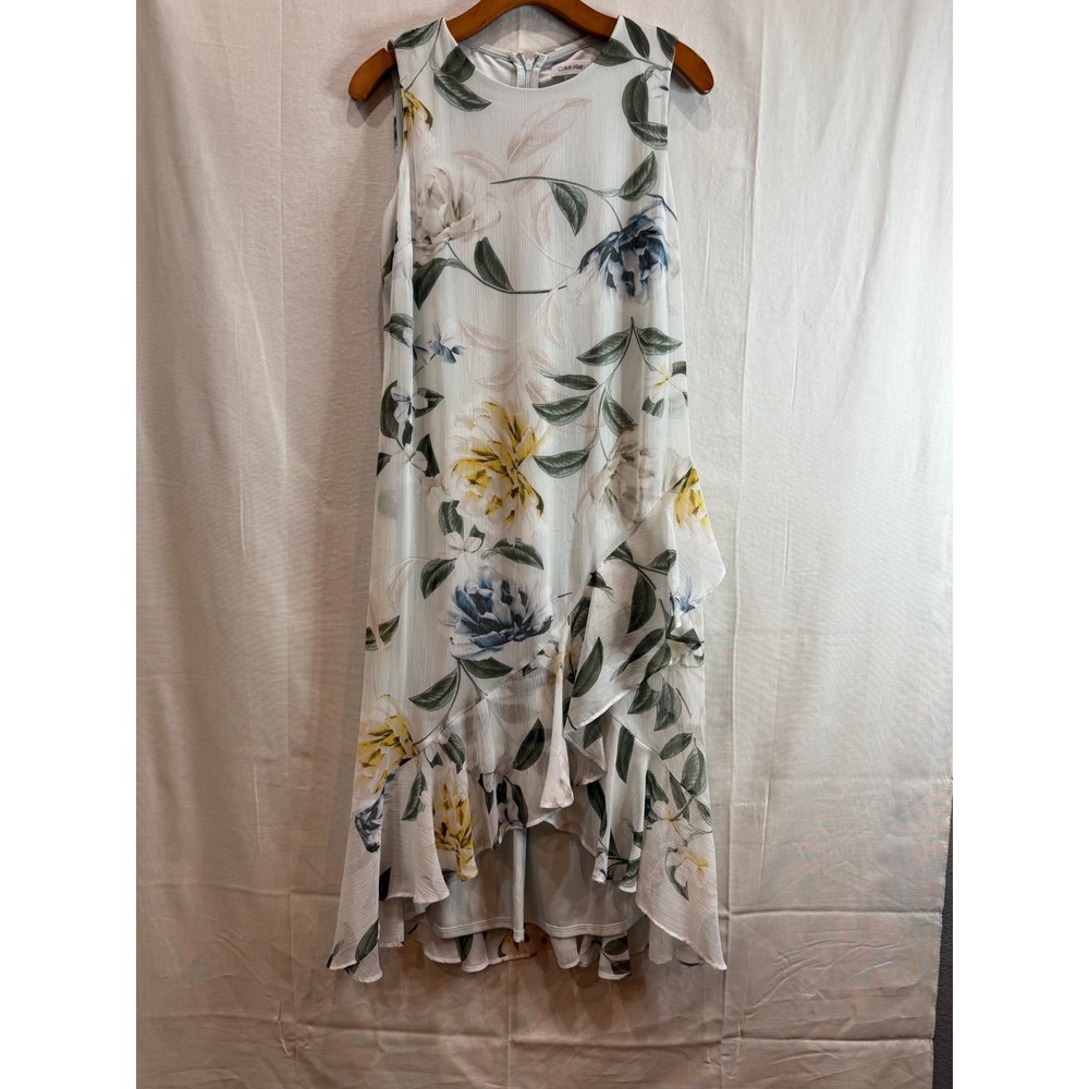 Calvin Klein Floral High-Low Ruffle Chiffon Midi Dress White Blue Yellow Size 8 - Picture 3 of 11